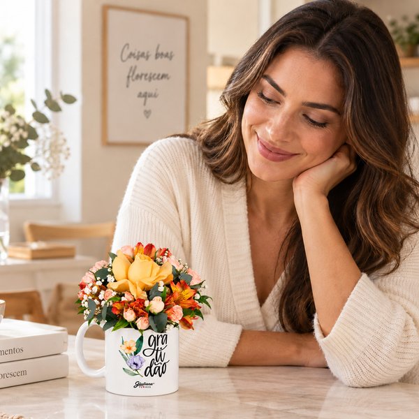 Mix de Flores Champanhe na Caneca Gratidão Giuliana Flores