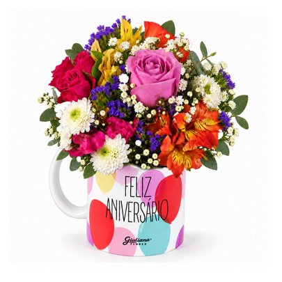 Mix de Flores Colorido na Caneca Feliz Aniversário Giuliana Flores