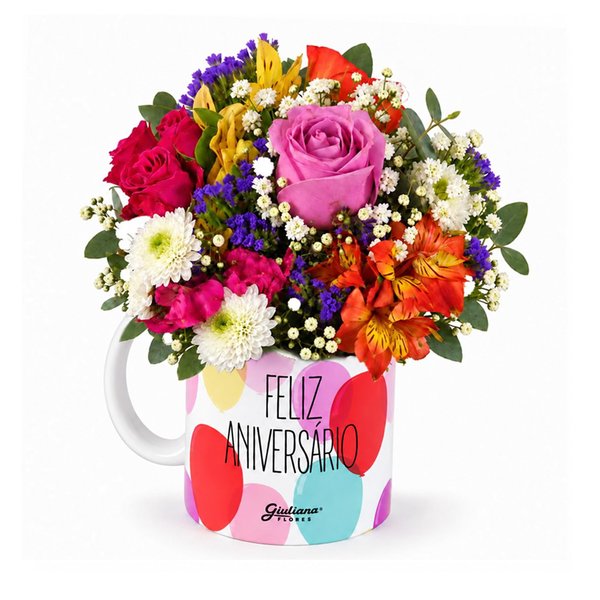 Mix de Flores Colorido na Caneca Feliz Aniversário Giuliana Flores