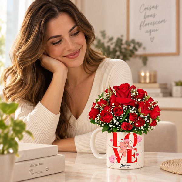 Mix de Flores Vermelho na Caneca Love Giuliana Flores