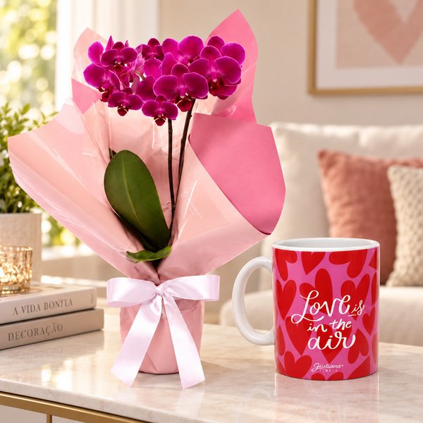 Mini Orquídea Rara Lilás Virtuosa e Caneca Love Is In The Air