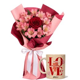 Imagem de Buquê de Astromélias e Rosa Vermelha Serenata e Caneca Love