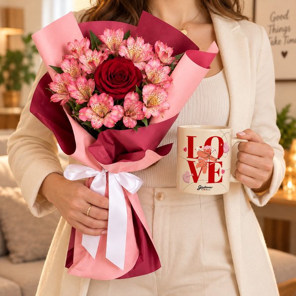 Buquê de Astromélias e Rosa Vermelha Serenata e Caneca Love