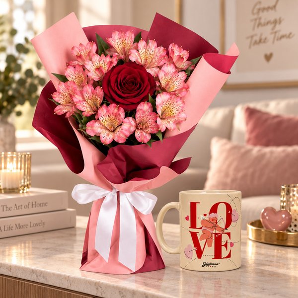 Buquê de Astromélias e Rosa Vermelha Serenata e Caneca Love
