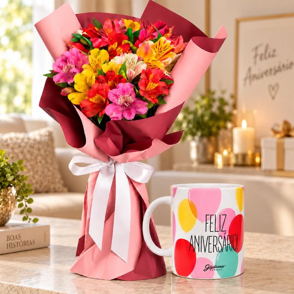 Buquê de Astromélias Coloridas Serenidade e Caneca Feliz Aniversário