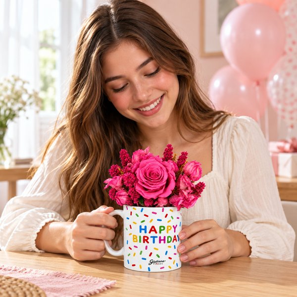 Flores Secas e Rosa Encantada Pink na Caneca Happy Birthday