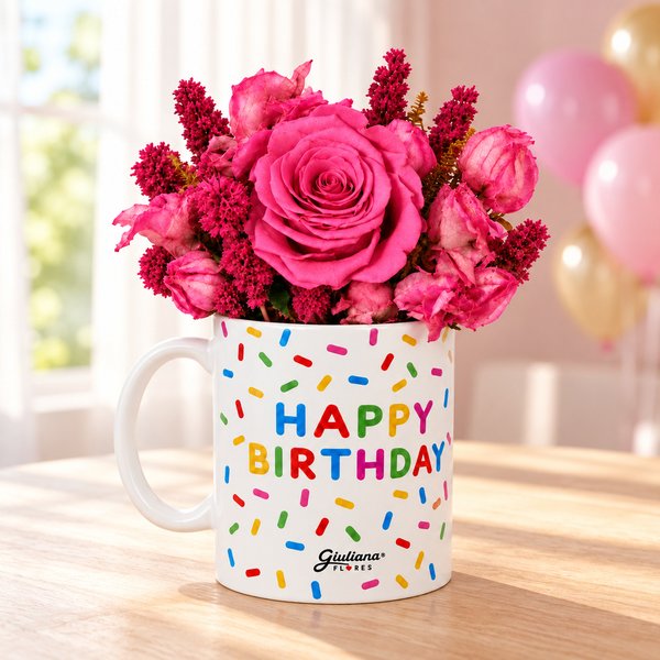 Flores Secas e Rosa Encantada Pink na Caneca Happy Birthday