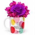 Flores Secas e Rosa Encantada Púrpura na Caneca Feliz Aniversário