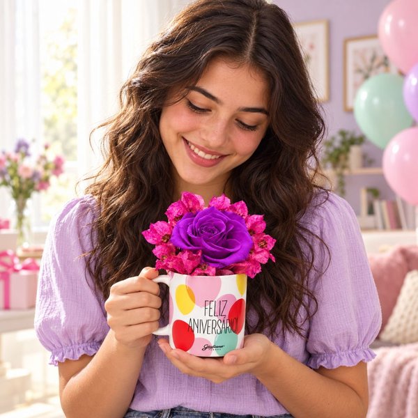 Flores Secas e Rosa Encantada Púrpura na Caneca Feliz Aniversário