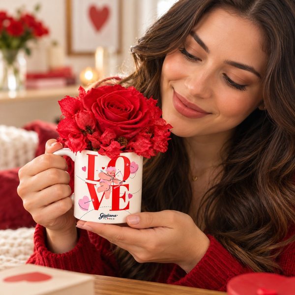 Flores Secas e Rosa Encantada Vermelha na Caneca Love
