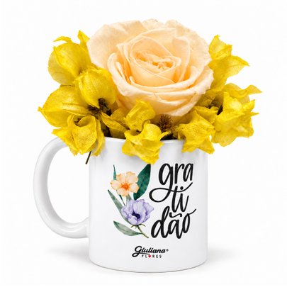 Flores Secas e Rosa Encantada Champanhe na Caneca Gratidão