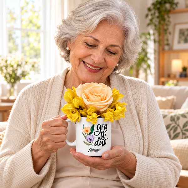 Flores Secas e Rosa Encantada Champanhe na Caneca Gratidão