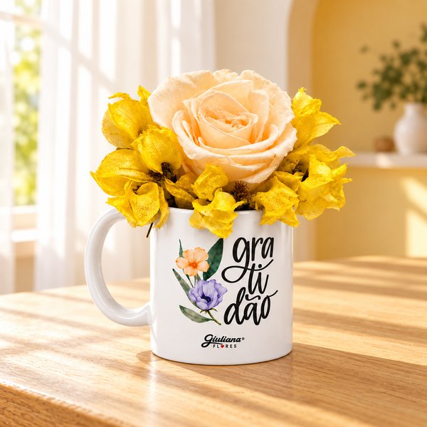 Flores Secas e Rosa Encantada Champanhe na Caneca Gratidão