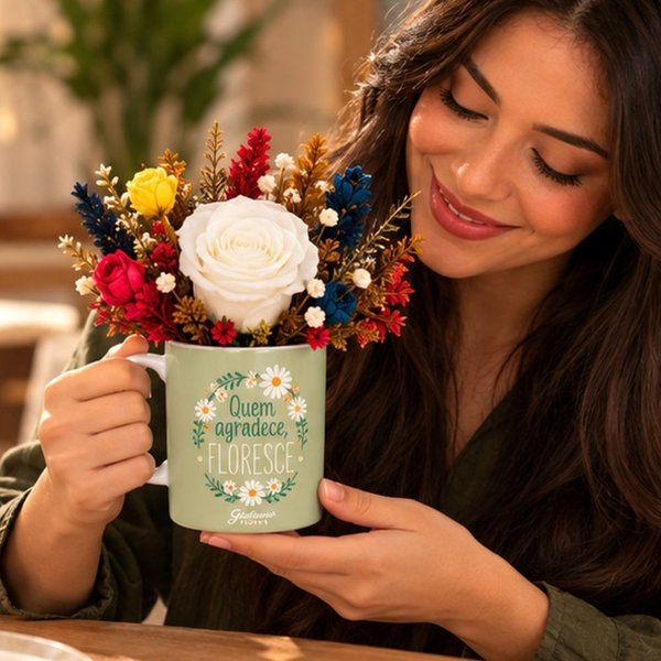 Flores Secas e Rosa Encantada Branca na Caneca Quem Agradece Floresce