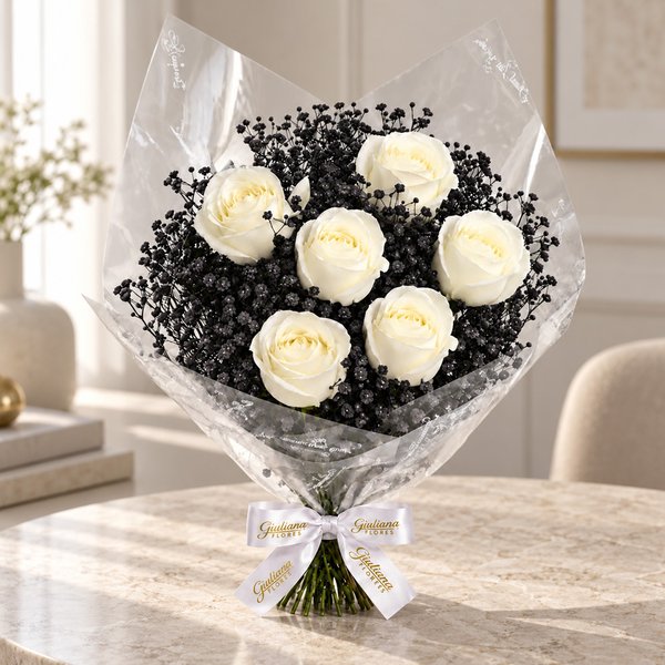 Buquê Ônix com 6 Rosas Brancas