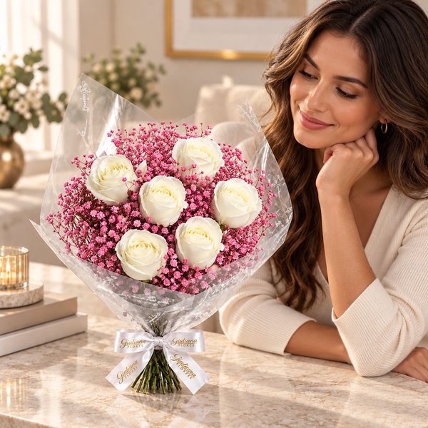 Buquê Morganita com 6 Rosas Brancas