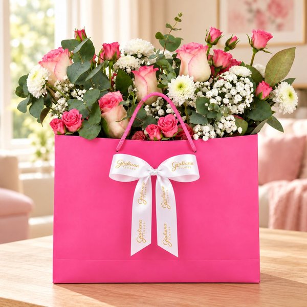 Buquê de Flores Cor de Rosa na Sacola - Cuidado e Carinho