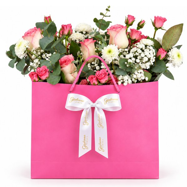 Buquê de Flores Cor de Rosa na Sacola - Cuidado e Carinho