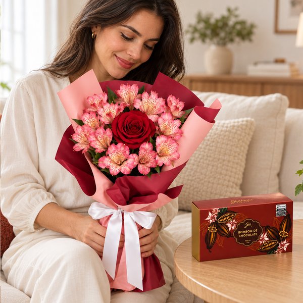 Buquê de Astromélias e Rosa Serenata e Bombom Giuliana Flores 3 Und