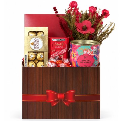 Kit Presente com Chocolates e Flores Secas na Caixa Laço