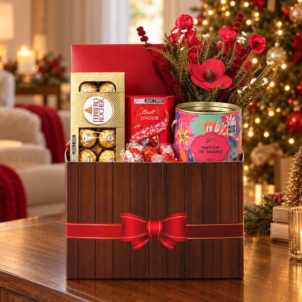 Kit Presente com Chocolates e Flores Secas na Caixa Laço