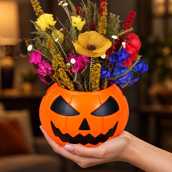 Flores Secas na Abóbora de Halloween - Travessuras