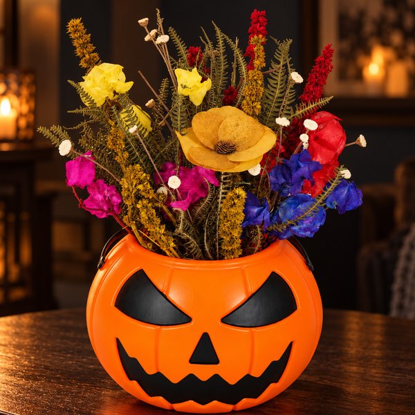 Flores Secas na Abóbora de Halloween - Travessuras