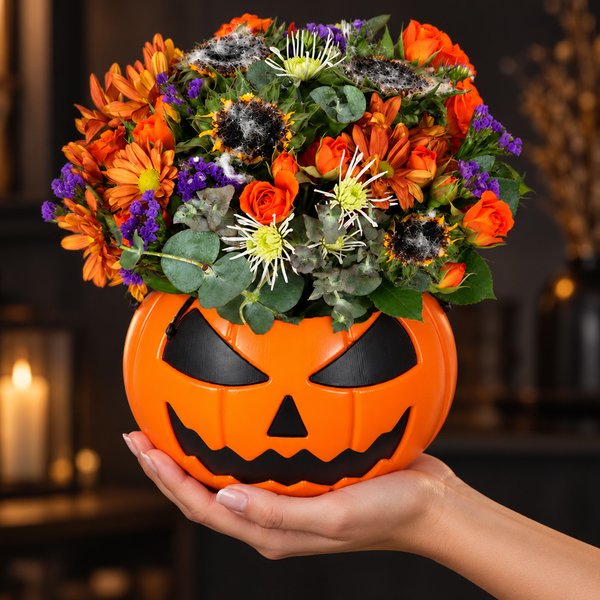 Mix de Flores na Abóbora de Halloween - Jardim Assombrado