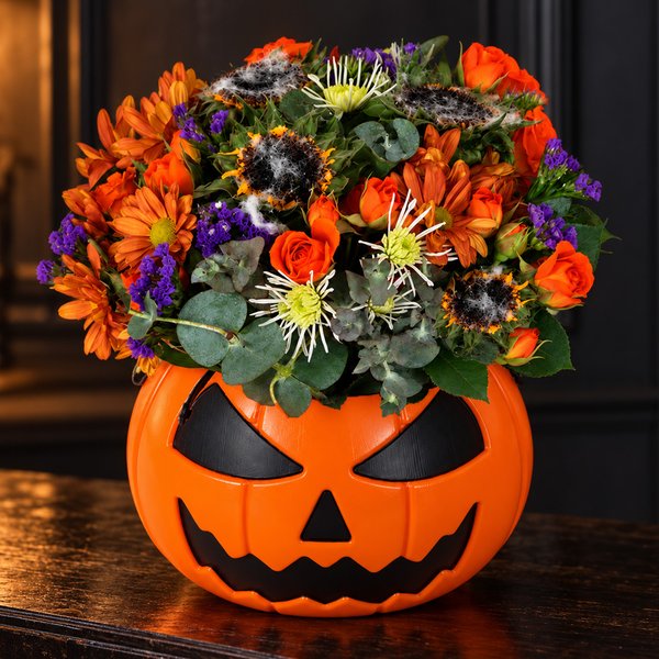 Mix de Flores na Abóbora de Halloween - Jardim Assombrado