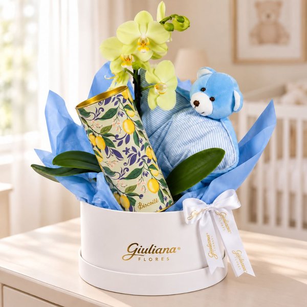 Kit Maternidade com Mini Orquídea Amarela - Abraço de Menino