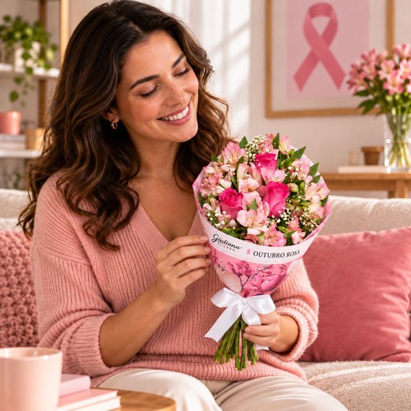 Buquê de Rosas Pink e Astromélias - Carinho de Outubro Rosa