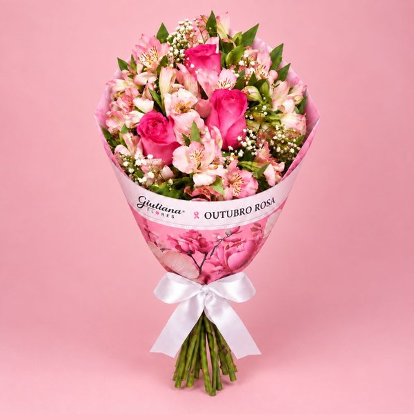 Buquê de Rosas Pink e Astromélias - Carinho de Outubro Rosa