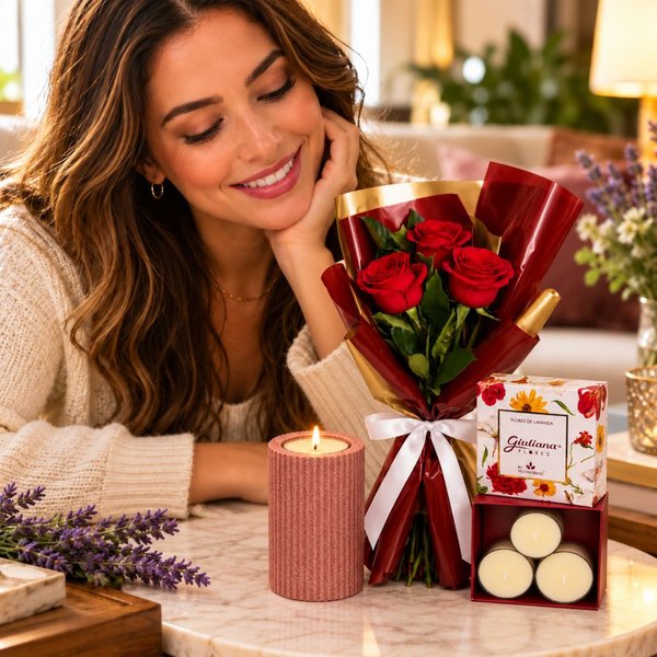 Buquê Trio de Rosas e Castiçal e Mini Vela C/4 Encontro Floral