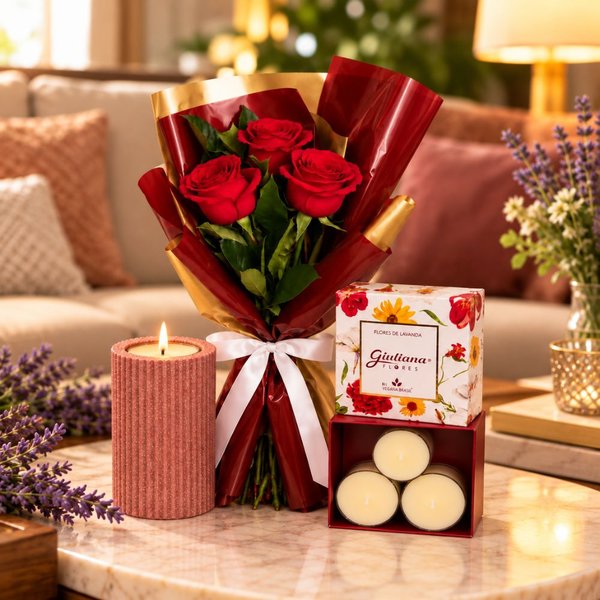 Buquê Trio de Rosas e Castiçal e Mini Vela C/4 Encontro Floral