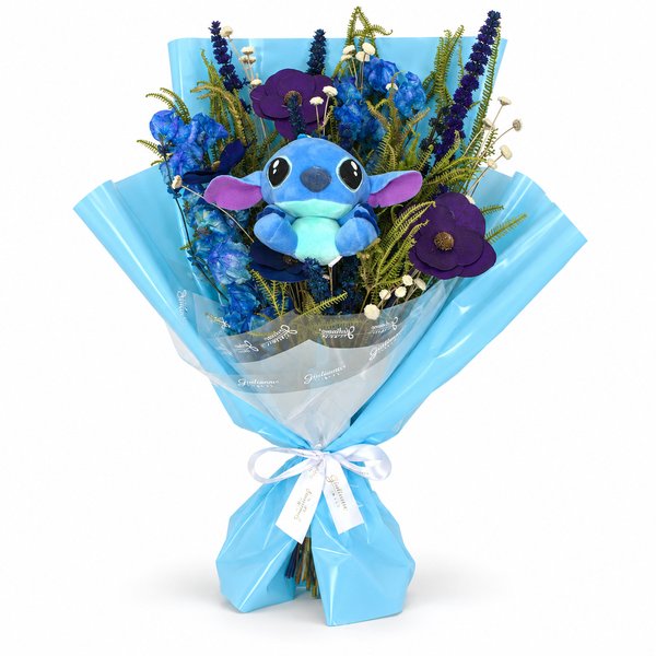 Buquê de Flores Secas e Pelúcia Stitch