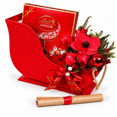 Presente de Natal Trenó com Chocolate Lindt e Flores Secas