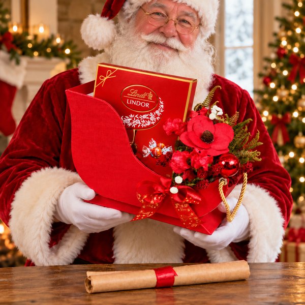 Presente de Natal Trenó com Chocolate Lindt e Flores Secas