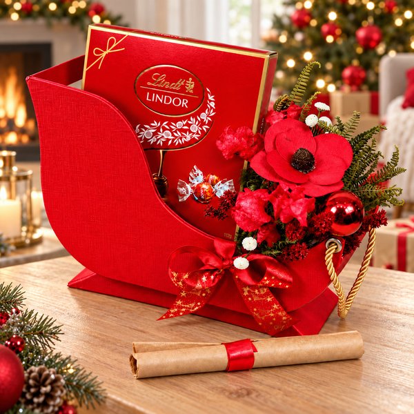 Presente de Natal Trenó com Chocolate Lindt e Flores Secas