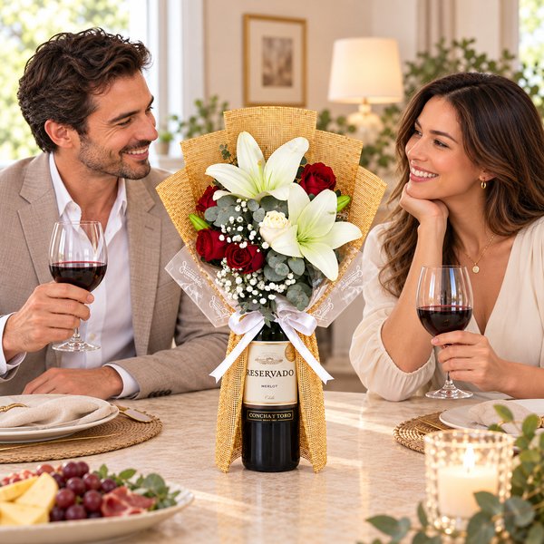 Buquê de Lírios e Rosas com Vinho Concha y Toro Merlot - Drinks e Flores