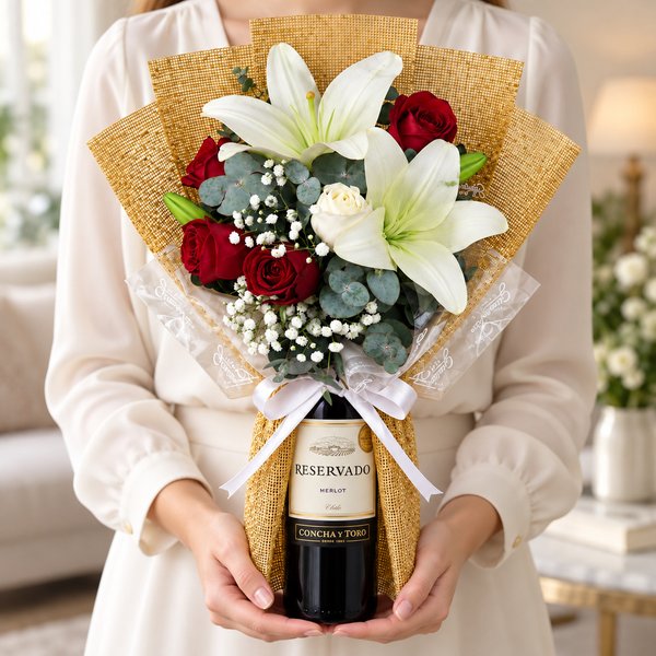 Buquê de Lírios e Rosas com Vinho Concha y Toro Merlot - Drinks e Flores