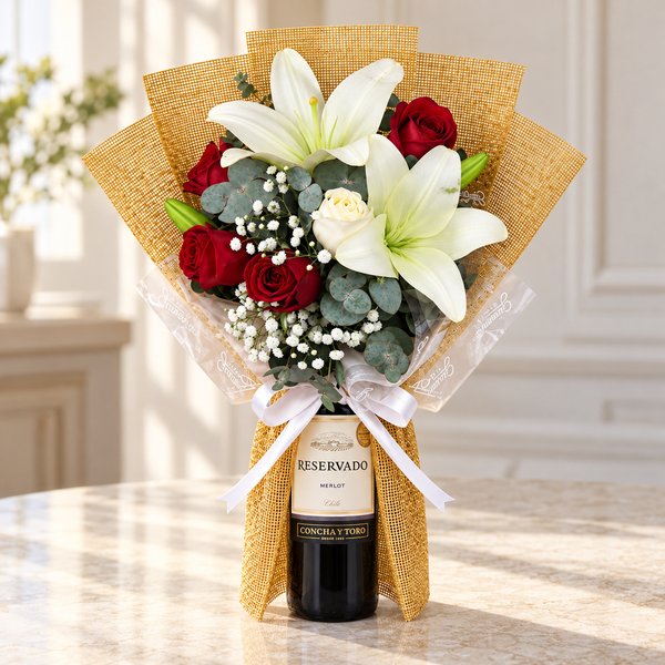 Buquê de Lírios e Rosas com Vinho Concha y Toro Merlot - Drinks e Flores