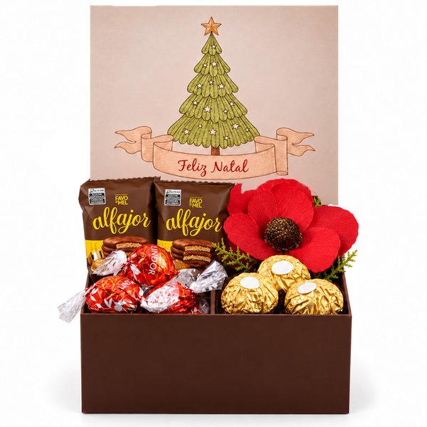 Caixa Presente com Ferrero Rocher e Bombons Lindt - Feliz Natal