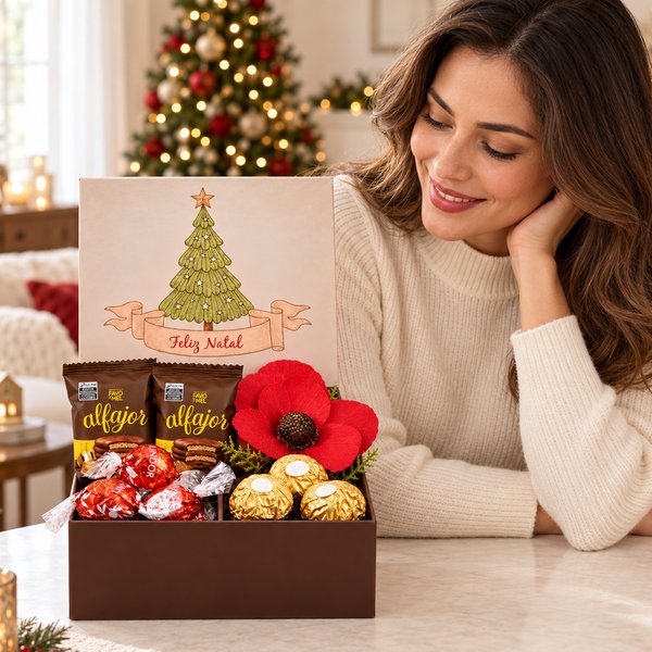 Caixa Presente com Ferrero Rocher e Bombons Lindt - Feliz Natal