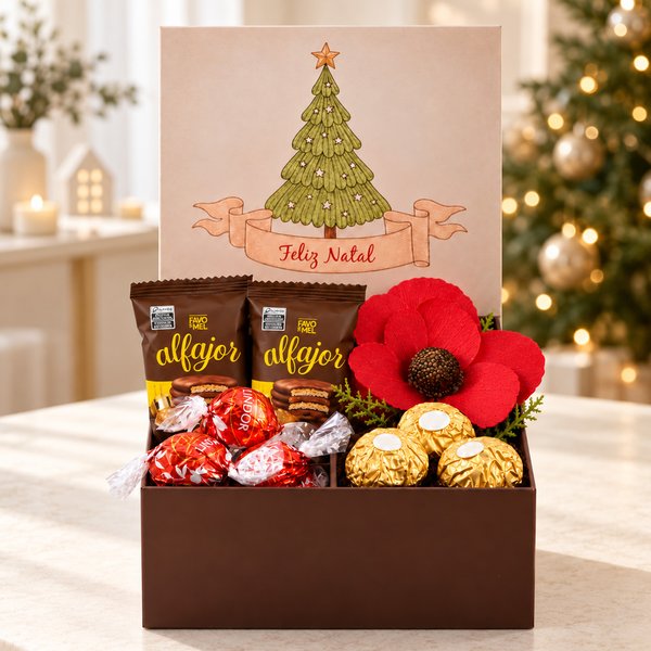 Caixa Presente com Ferrero Rocher e Bombons Lindt - Feliz Natal