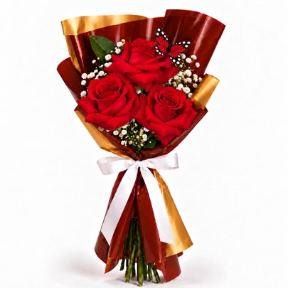 Trio de Rosas Vermelhas com Gypsophila - Jardim das Borboletas