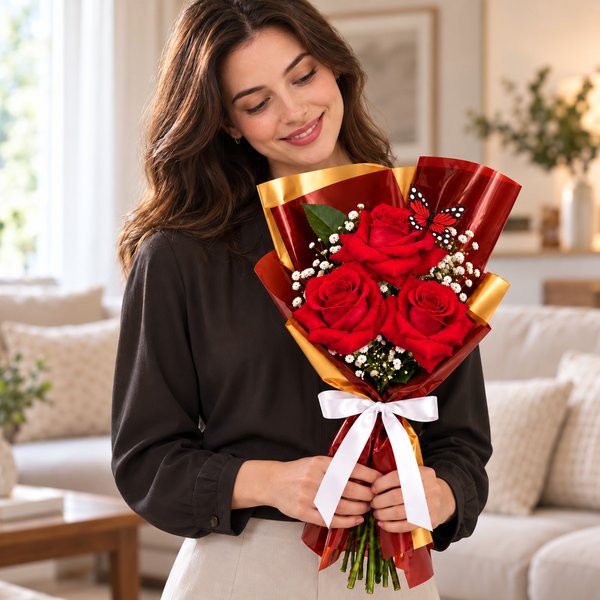 Trio de Rosas Vermelhas com Gypsophila - Jardim das Borboletas