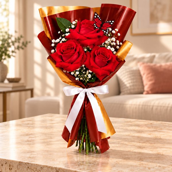 Trio de Rosas Vermelhas com Gypsophila - Jardim das Borboletas