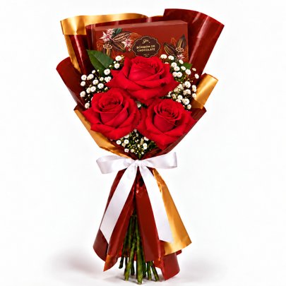 Trio de Rosas Vermelhas com Gypsophila e Bombom Giuliana Flores 3 Und
