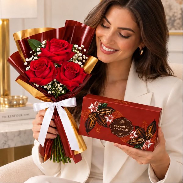 Trio de Rosas Vermelhas com Gypsophila e Bombom Giuliana Flores 3 Und