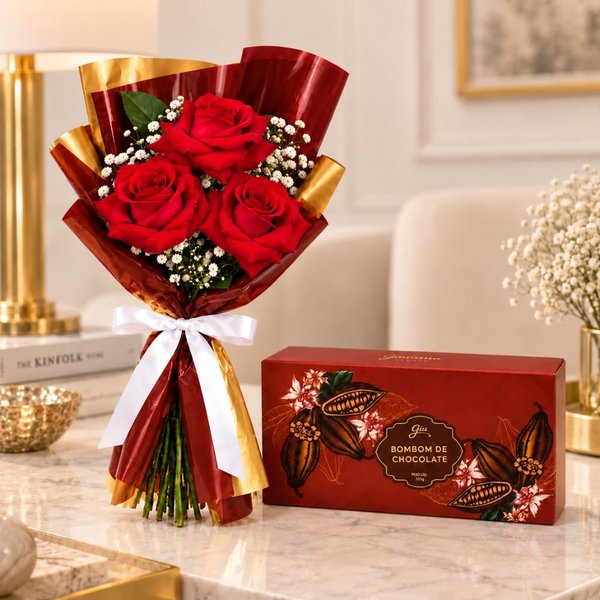 Trio de Rosas Vermelhas com Gypsophila e Bombom Giuliana Flores 3 Und